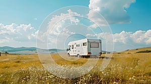 Serene landscape with parked motorhome, ideal for travel and adventure. countryside road trip scene. freedom and leisure