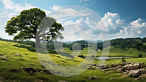 Serene landscape with a solitary green oak tree in a sunlit field, providing ample copy space