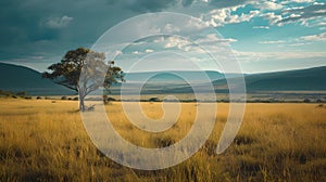 Serene landscape with a solitary tree in a golden field against mountains and a moody sky. perfect for backgrounds and