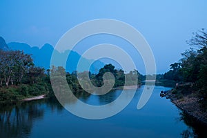 Serene landscape by the Song river at Vang Vieng