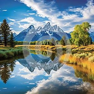 Serene landscape with towering mountains and lush valleys reflected in clear, still water