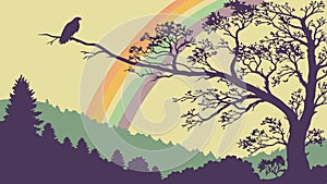 Serene Landscape with Tree, Rainbow, and Bird, vector design Generative AI photo