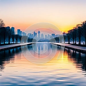 serene landscape with water and city in the distance