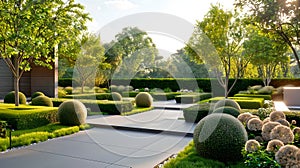 Serene Landscaped Garden Design at Sunrise. Lush Greenery and Trimmed Bushes in a Stylish Outdoor Space. Perfect for