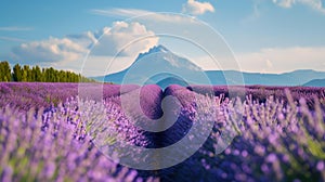 Serene lavender field with majestic mountain view in sunshine. nature landscape photo, ideal for wall art or calm