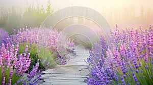 Serene Lavender Field Pathway at Dawn with Mist