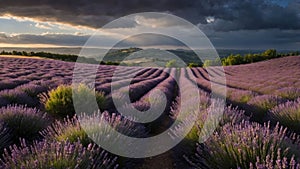 Serene Lavender Fields at Sunset Under Dramatic Cloudscape