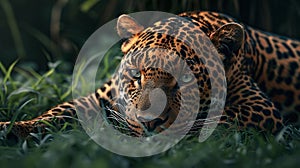 a serene leopard resting gracefully amidst forest foliage