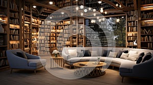 A serene library with a 3D literary quote wall pattern, filled with bookshelves