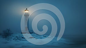 Serene lighthouse on a cold foggy night, guiding light in the darkness. Calm and peaceful scenery with a dreamlike