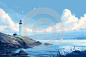 Serene Lighthouse Scene at Sunset - An Illustration for Coastal Themes and Peaceful Retreats