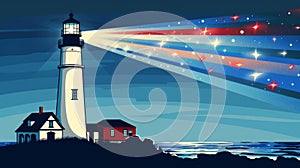 A serene lighthouse stands against a dusky sky, its light casting a striped pattern of stars, symbolizing guidance and