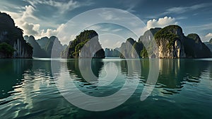 Serene limestone karsts reflecting on tranquil water in Halong Bay photo