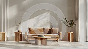 a serene living room adorned with a brown single sofa, wooden coffee table, and neutral carpet, complemented by