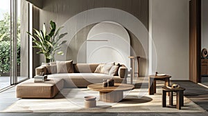 a serene living room adorned with a brown single sofa, wooden coffee table, and neutral carpet, complemented by