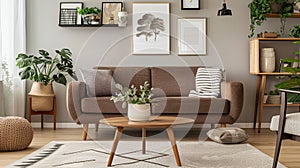 a serene living room adorned with a brown single sofa, wooden coffee table, and neutral carpet, complemented by