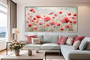 Serene living room with poppy artwork