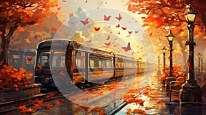 Autumn Leaves Falling Onto A Train: Anime-inspired Art By Bayard Wu