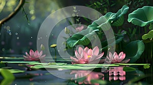 Serene Lotus Pond in a Misty Forest at Dawn. Tranquil Nature Scene for Mindfulness and Relaxation. Ideal for Background