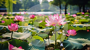 Serene lotus pond with pink blossoms