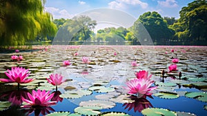 A serene lotus pond with vibrant pink blossoms