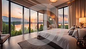 Serene and Luxurious Bedroom with Stunning Panoramic Window View of Lake at Sunset