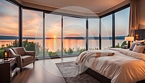 Serene and Luxurious Bedroom with Stunning Panoramic Window View of Lake at Sunset