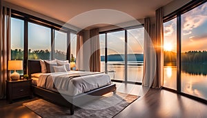 Serene and Luxurious Bedroom with Stunning Panoramic Window View of Lake at Sunset