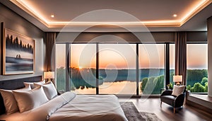 Serene and Luxurious Bedroom with Stunning Panoramic Window View of Lake at Sunset