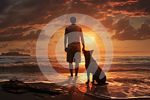 Serene Man dog sunset. Generate Ai