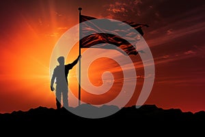 Serene Man holding flag sunset. Generate Ai