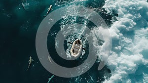 Serene marine scene with a lone boat amidst ocean waves, surrounded by sharks. tranquil but thrilling nature shot. AI