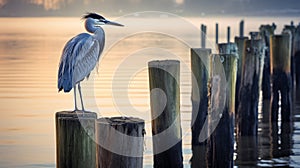 Serene Maritime Photo: Blue Heron Perched On Old Pier