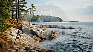 Serene Maritime Themes: Nikon D850 Captures Rocky Shoreline And Trees