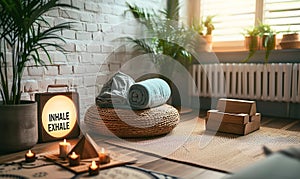 Serene meditation corner with a wicker pouf, yoga blocks, rolled mat and inspirational INHALE EXHALE lightbox, promoting