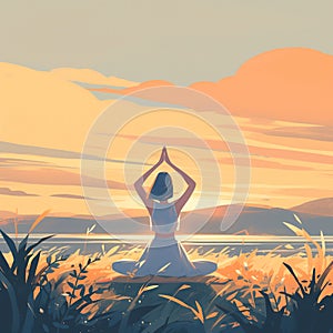 Serene meditation at dawn in a tranquil field