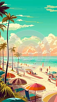 Serene Miami Beach Scene with Sunbathers. Generative ai