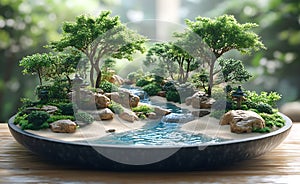 Serene miniature landscape with a flowing river and lush greenery in a decorative bowl. photo