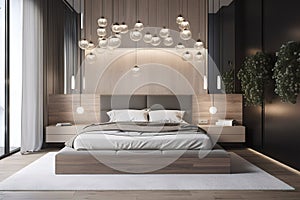 A serene and minimalist bedroom with a sleek platform bed and soft lighting, perfect for restful sleep. Generative AI