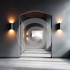 Serene minimalist hallway interior with subtle lighting, showcasing modern design architectural details