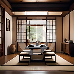 A serene and minimalist Japanese dining room with low tables and floor cushions2