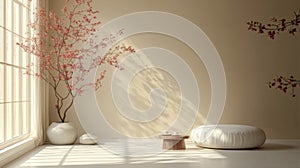 Serene Minimalist Room with Sunlight and Red Flower Branches