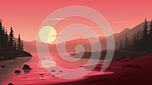 Serene minimalistic illustration of a summer sunrise at the calm and peaceful lake