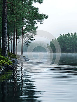 Serene mistshrouded lake nestled amongst towering pine trees photo