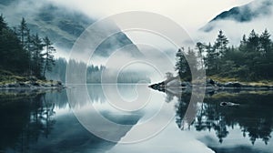 Serene Misty Lake: Layered And Atmospheric Landscapes In Norwegian Nature