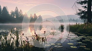 Serene Misty Lake At Sunrise With Whimsical Wilderness