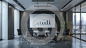 A serene and modern conference room with a projector screen