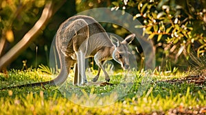 Serene moment captured as a kangaroo leisurely feeds on green grass photo