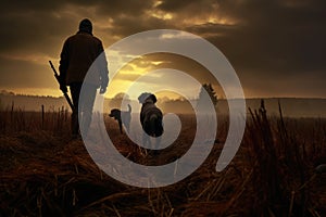 A serene moment captured in nature as a man and his loyal dog stand together in a beautiful field, Two hunters and a dog walk a