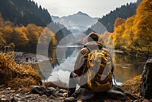 A Serene Moment: Contemplation on a Rock Overlooking a Tranquil Lake